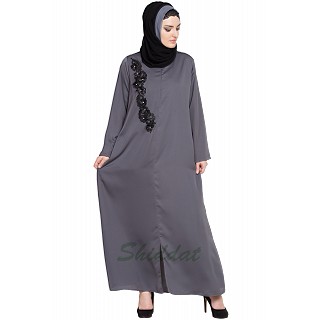 Designer Nida abaya with Patchwork- Grey